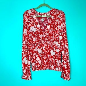 Anthropologie Maeve Red White Print Long Sleeve Top Size XL